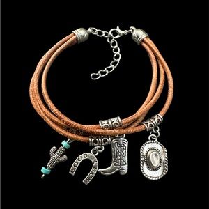 Boho Tan Leather Charm Bracelet with Silver Cowboy Charms